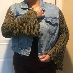Crochet Bellbottom Sleeve Recycled XXL Denim Jacket with Camaflouge Print.